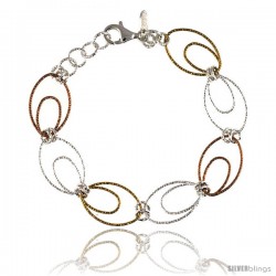 Sterling Silver Wire Oval Hoop Diamond Cut 7.5 in. Bracelet w/ White, Yellow & Rose Gold Finish, 9/16 in. (14 mm) wide