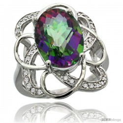 14k White Gold Natural Mystic Topaz Floral Design Ring 13x 19 mm Oval Shape Diamond Accent, 7/8inch wide