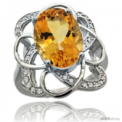 14k White Gold Natural Citrine Floral Design Ring 13x 19 mm Oval Shape Diamond Accent, 7/8inch wide