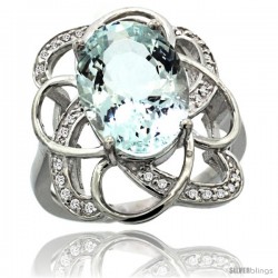 14k White Gold Natural Aquamarine Floral Design Ring 13x 19 mm Oval Shape Diamond Accent, 7/8inch wide