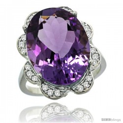 14k White Gold Natural Amethyst Ring 18x13 mm Oval Shape Diamond Halo, 3/4inch wide