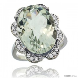 14k White Gold Natural Green Amethyst Ring 18x13 mm Oval Shape Diamond Halo, 3/4inch wide