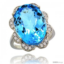 14k White Gold Natural Swiss Blue Topaz Ring 18x13 mm Oval Shape Diamond Halo, 3/4inch wide