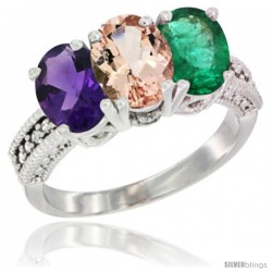 14K White Gold Natural Amethyst, Morganite & Emerald Ring 3-Stone 7x5 mm Oval Diamond Accent