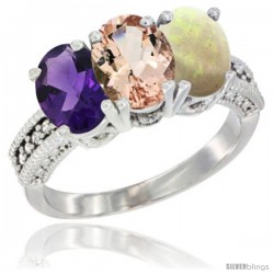 14K White Gold Natural Amethyst, Morganite & Opal Ring 3-Stone 7x5 mm Oval Diamond Accent