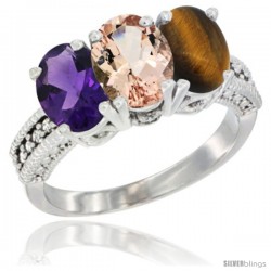 14K White Gold Natural Amethyst, Morganite & Tiger Eye Ring 3-Stone 7x5 mm Oval Diamond Accent