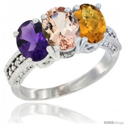 14K White Gold Natural Amethyst, Morganite & Whisky Quartz Ring 3-Stone 7x5 mm Oval Diamond Accent