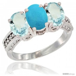 10K White Gold Natural Turquoise & Aquamarine Sides Ring 3-Stone Oval 7x5 mm Diamond Accent