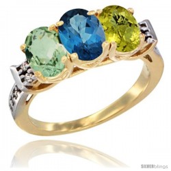 10K Yellow Gold Natural Green Amethyst, London Blue Topaz & Lemon Quartz Ring 3-Stone Oval 7x5 mm Diamond Accent