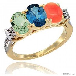 10K Yellow Gold Natural Green Amethyst, London Blue Topaz & Coral Ring 3-Stone Oval 7x5 mm Diamond Accent