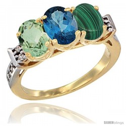 10K Yellow Gold Natural Green Amethyst, London Blue Topaz & Malachite Ring 3-Stone Oval 7x5 mm Diamond Accent