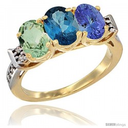 10K Yellow Gold Natural Green Amethyst, London Blue Topaz & Tanzanite Ring 3-Stone Oval 7x5 mm Diamond Accent