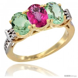 10K Yellow Gold Natural Pink Topaz & Green Amethyst Sides Ring 3-Stone Oval 7x5 mm Diamond Accent