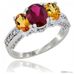 14k White Gold Ladies Oval Natural Ruby 3-Stone Ring with Citrine Sides Diamond Accent