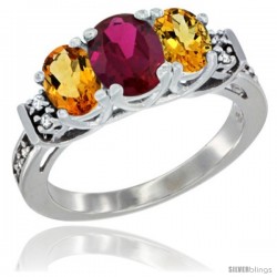 14K White Gold Natural High Quality Ruby & Citrine Ring 3-Stone Oval with Diamond Accent