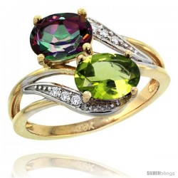 14k Gold ( 8x6 mm ) Double Stone Engagement Mystic Topaz & Peridot Ring w/ 0.07 Carat Brilliant Cut Diamonds & 2.34 Carats Oval