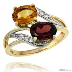 14k Gold ( 8x6 mm ) Double Stone Engagement Citrine & Garnet Ring w/ 0.07 Carat Brilliant Cut Diamonds & 2.34 Carats Oval Cut