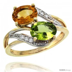 14k Gold ( 8x6 mm ) Double Stone Engagement Citrine & Peridot Ring w/ 0.07 Carat Brilliant Cut Diamonds & 2.34 Carats Oval Cut