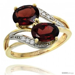 14k Gold ( 8x6 mm ) Double Stone Engagement Garnet Ring w/ 0.07 Carat Brilliant Cut Diamonds & 2.34 Carats Oval Cut Stones, 3/4