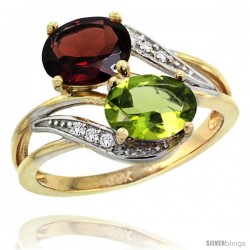 14k Gold ( 8x6 mm ) Double Stone Engagement Garnet & Peridot Ring w/ 0.07 Carat Brilliant Cut Diamonds & 2.34 Carats Oval Cut