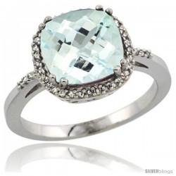 Sterling Silver Diamond Natural Aquamarine Ring 3.05 ct Cushion Cut 9x9 mm, 1/2 in wide