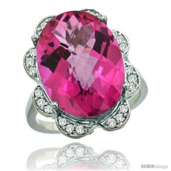 14k White Gold Natural Pink Topaz Ring 18x13 mm Oval Shape Diamond Halo, 3/4inch wide