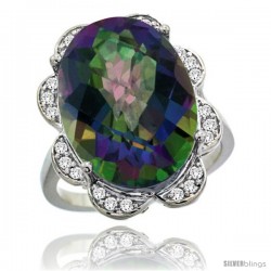 14k White Gold Natural Mystic Topaz Ring 18x13 mm Oval Shape Diamond Halo, 3/4inch wide