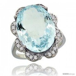 14k White Gold Natural Aquamarine Ring 18x13 mm Oval Shape Diamond Halo, 3/4inch wide