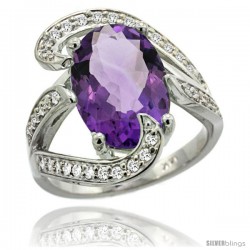 14k White Gold Natural Amethyst Ring Oval 14x10 Diamond Accent, 3/4 in wide