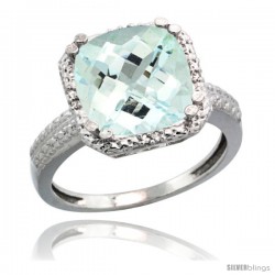 Sterling Silver Diamond Natural Aquamarine Ring 5.94 ct Checkerboard Cushion 11 mm Stone 1/2 in wide