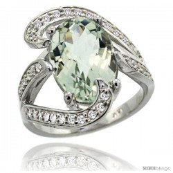 14k White Gold Natural Green Amethyst Ring Oval 14x10 Diamond Accent, 3/4 in wide