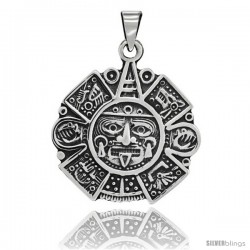 Sterling Silver Heavy Aztec Calendar Pendant, 1 3/4 in tall