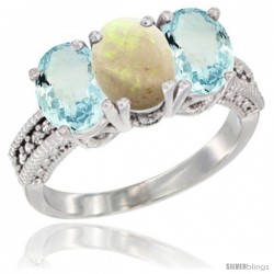 10K White Gold Natural Opal & Aquamarine Sides Ring 3-Stone Oval 7x5 mm Diamond Accent