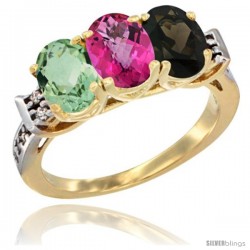 10K Yellow Gold Natural Green Amethyst, Pink Topaz & Smoky Topaz Ring 3-Stone Oval 7x5 mm Diamond Accent