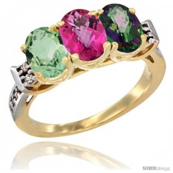 10K Yellow Gold Natural Green Amethyst, Pink Topaz & Mystic Topaz Ring 3-Stone Oval 7x5 mm Diamond Accent