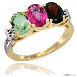 10K Yellow Gold Natural Green Amethyst, Pink Topaz & Garnet Ring 3-Stone Oval 7x5 mm Diamond Accent