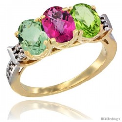 10K Yellow Gold Natural Green Amethyst, Pink Topaz & Peridot Ring 3-Stone Oval 7x5 mm Diamond Accent