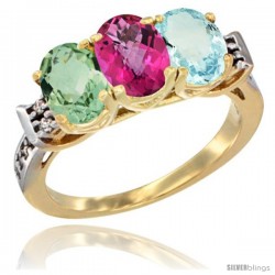 10K Yellow Gold Natural Green Amethyst, Pink Topaz & Aquamarine Ring 3-Stone Oval 7x5 mm Diamond Accent