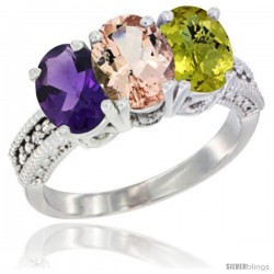 14K White Gold Natural Amethyst, Morganite & Lemon Quartz Ring 3-Stone 7x5 mm Oval Diamond Accent