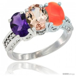 14K White Gold Natural Amethyst, Morganite & Coral Ring 3-Stone 7x5 mm Oval Diamond Accent