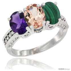 14K White Gold Natural Amethyst, Morganite & Malachite Ring 3-Stone 7x5 mm Oval Diamond Accent