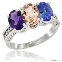 14K White Gold Natural Amethyst, Morganite & Tanzanite Ring 3-Stone 7x5 mm Oval Diamond Accent