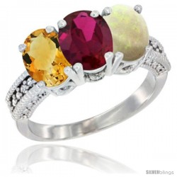 14K White Gold Natural Citrine, Ruby & Opal Ring 3-Stone 7x5 mm Oval Diamond Accent