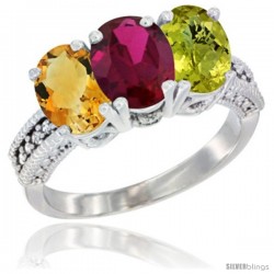 14K White Gold Natural Citrine, Ruby & Lemon Quartz Ring 3-Stone 7x5 mm Oval Diamond Accent