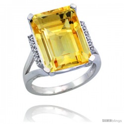 14k White Gold Diamond Citrine Ring 12 ct Emerald Cut 16x12 stone 3/4 in wide