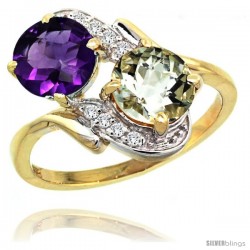 14k Gold ( 7 mm ) Double Stone Engagement Purple & Green Amethyst Ring w/ 0.05 Carat Brilliant Cut Diamonds & 2.34 Carats Round