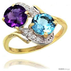 14k Gold ( 7 mm ) Double Stone Engagement Amethyst & Swiss Blue Topaz Ring w/ 0.05 Carat Brilliant Cut Diamonds & 2.34 Carats