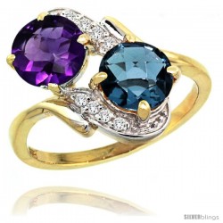 14k Gold ( 7 mm ) Double Stone Engagement Amethyst & London Blue Topaz Ring w/ 0.05 Carat Brilliant Cut Diamonds & 2.34 Carats