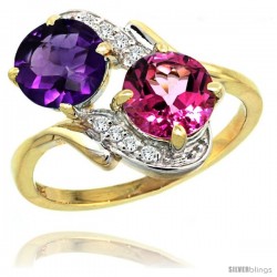 14k Gold ( 7 mm ) Double Stone Engagement Amethyst & Pink Topaz Ring w/ 0.05 Carat Brilliant Cut Diamonds & 2.34 Carats Round