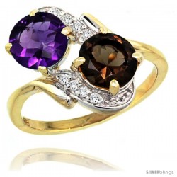 14k Gold ( 7 mm ) Double Stone Engagement Amethyst & Smoky Topaz Ring w/ 0.05 Carat Brilliant Cut Diamonds & 2.34 Carats Round